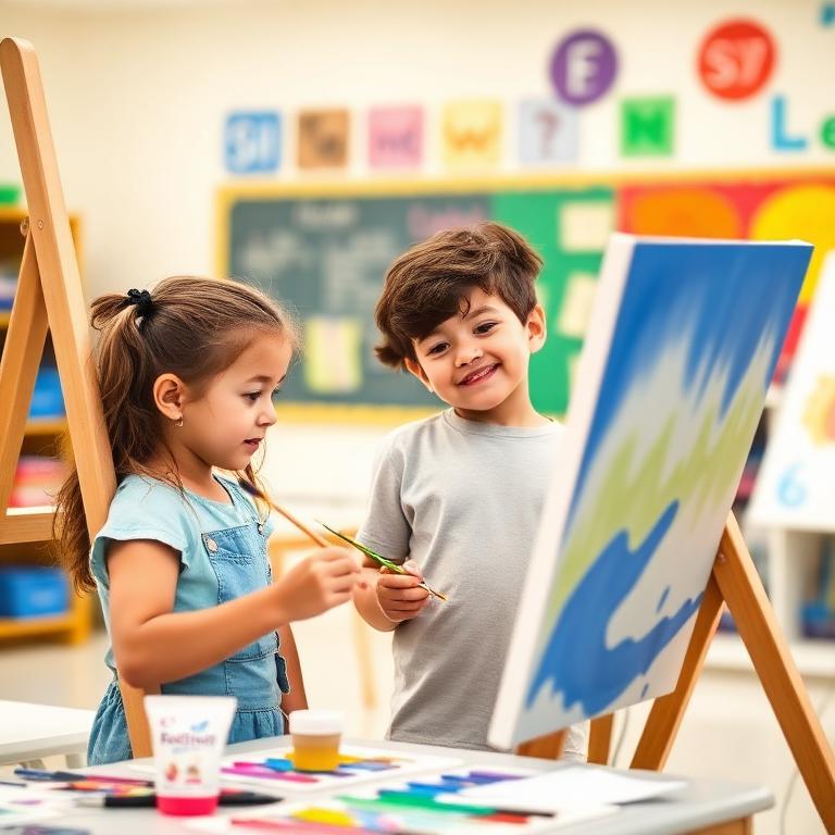 Two students painting at an easel in a colorful art classroom