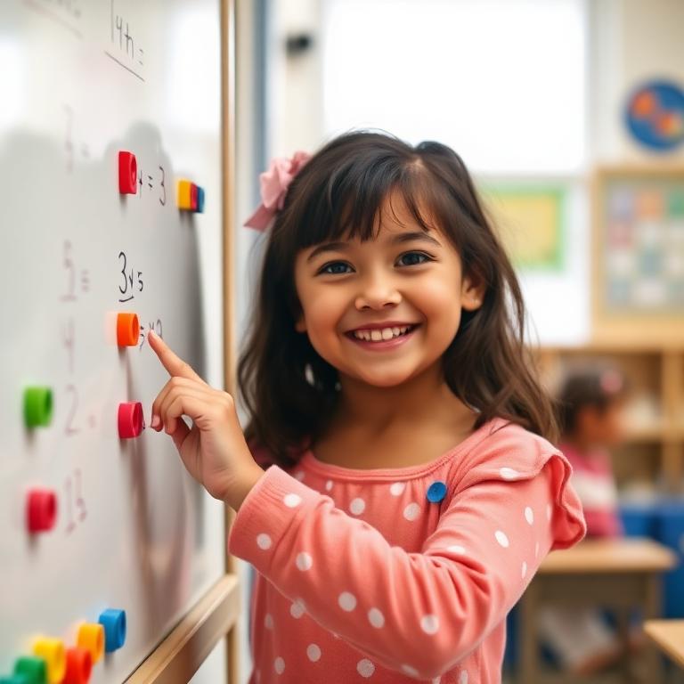 Young student solving a math problem at the classroom whiteboard
