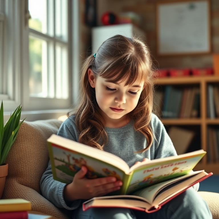 Student reading a picture book in a classroom reading nook