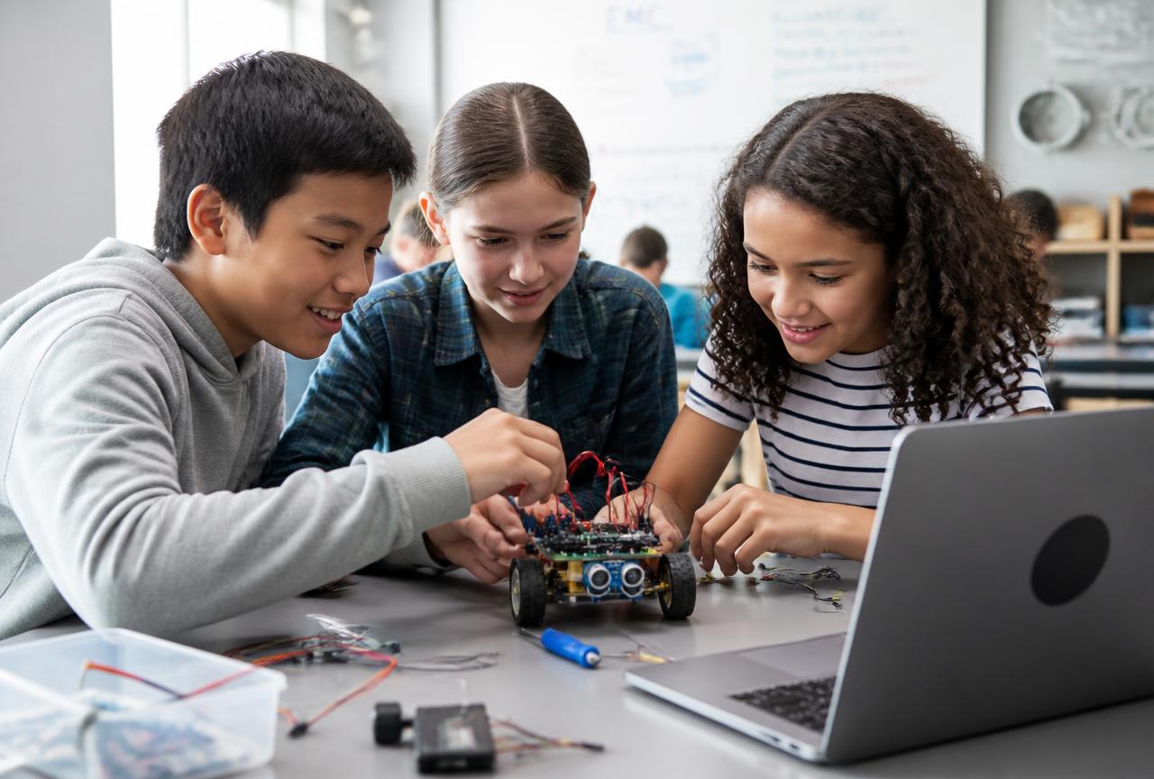 Middle school students building a robot in a STEM lab