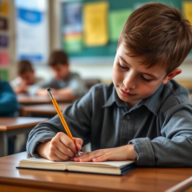 Student writing in a notebook at a school desk